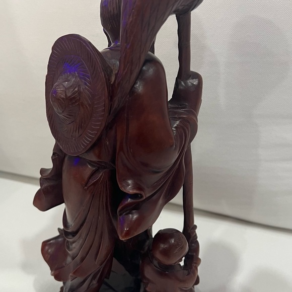 19th Cent Vintage Japanese Carved Wood Fisherman with Boy, Fish and Fishing Net - Picture 12 of 12